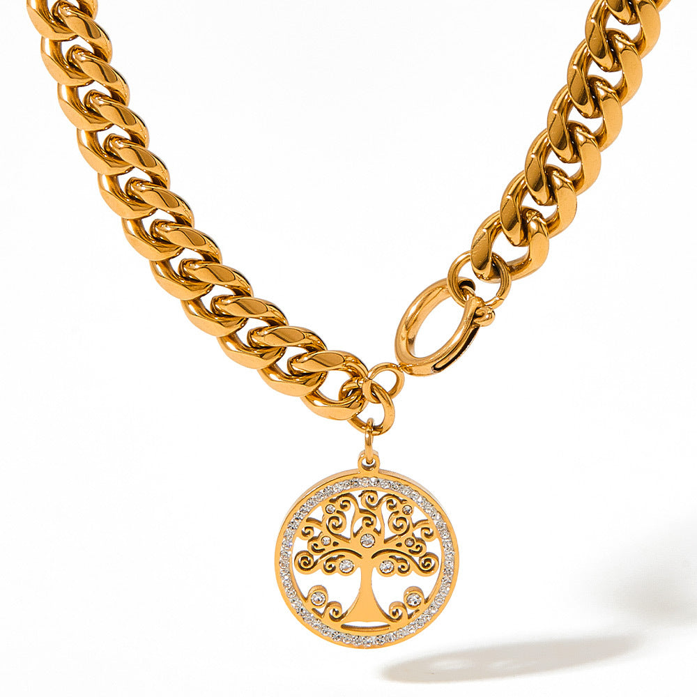 Collar de clavícula de temperamento de árbol de la vida hueco chapado en oro de acero inoxidable al por mayor